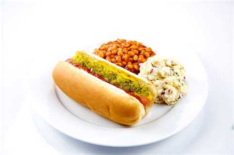 Many people enjoy slices of hot dogs dipped in ketchup and eaten with a fork or mixed with baked beans and served as a single dish (beans and franks.) —preceding unsigned comment added by 68.238.203.169 (talk) 04:08, 22 april 2010 (utc). File:Hot dog with baked beans and potato salad.jpg - Wikimedia Commons