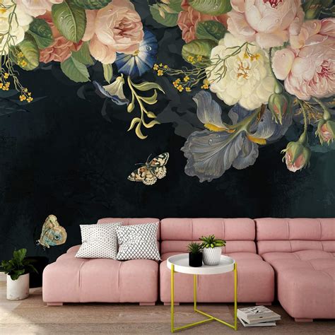 Murwall Oil Painting Dark Floral Wallpaper Pink Peony