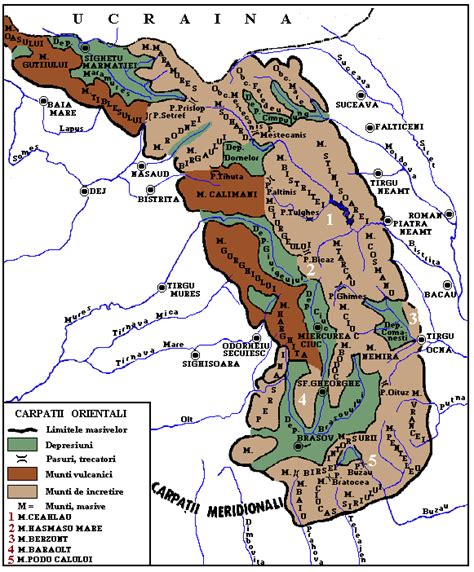 3) orasul notat pe harta cu cifra 4 este localizat pe teritoriul statului numit: Geografia Romaniei: Relieful - Carpatii Orientali