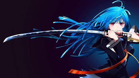 Wallpaper Illustration Long Hair Anime Girls Blue Hair Katana