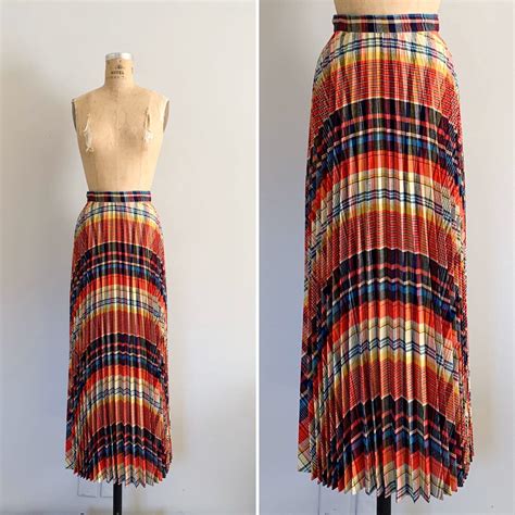 Vintage 1970s Rainbow Plaid Pleated Maxi Skirt 70s Maxi Etsy