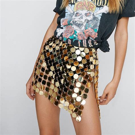 Gold Disc Chainmail Sequin Mini Skirt Women Metallic Chain Mail Mirror
