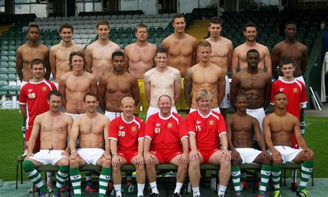 professional football team pose topless in annual photoshoot after failing to obtain shirt