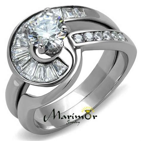 Stainless Steel 138 Ct Round And Bagguete Cz Wedding Ring Set Womens