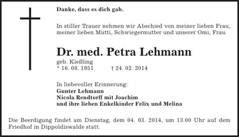 Rainer trumpfheller ist in folgenden praxen tätig: Dr. med. Petra Lehmann : Traueranzeige : Sächsische Zeitung