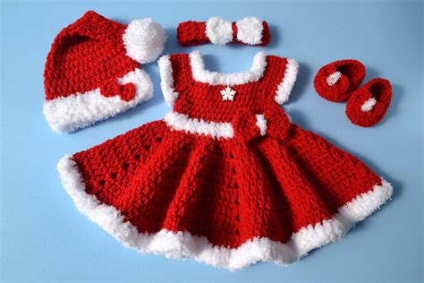 Crochet Newborn Baby Girl Christmas Santa Dress Outfit Set Baby Girl