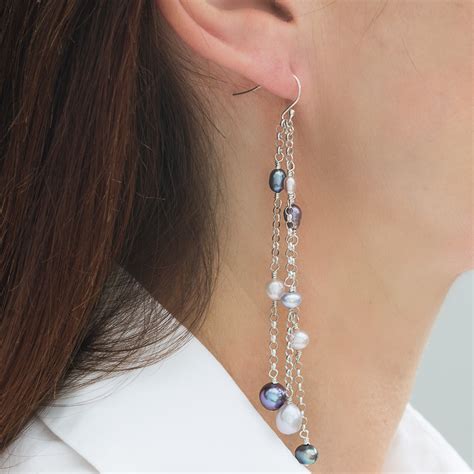 Handmade Luna Bridal White Pearl Long Dangle Earrings Diamond Shape