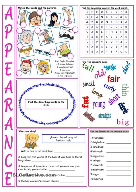 Appearance Vocabulary Exercises Vocabulary Exercises Worksheets For