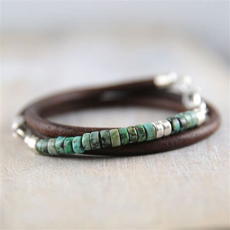 African Turquoise And Leather Bracelet For Men Turquoise Etsy Mens