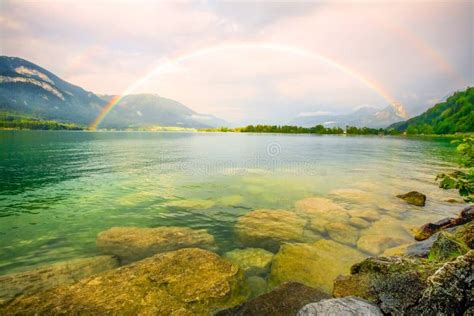 Rainbow Over The Lake Stock Photo Image Of Weather Landscape 61381904