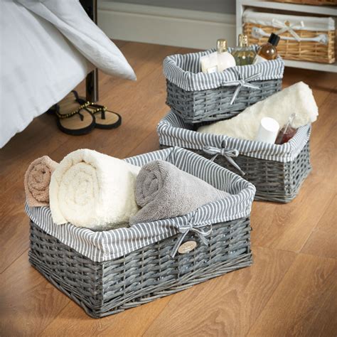 Vonhaus Wicker Seagrass Storage Baskets Grey Bathroom Set Of 3 Cloth