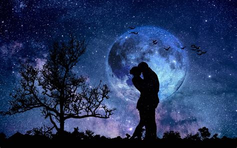 Download Silhouette Lovers In Galaxy Moon Wallpaper