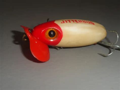 Vintage Fishing Lure Fred Arbogast Jitterbug Red Head White Plastic Lip