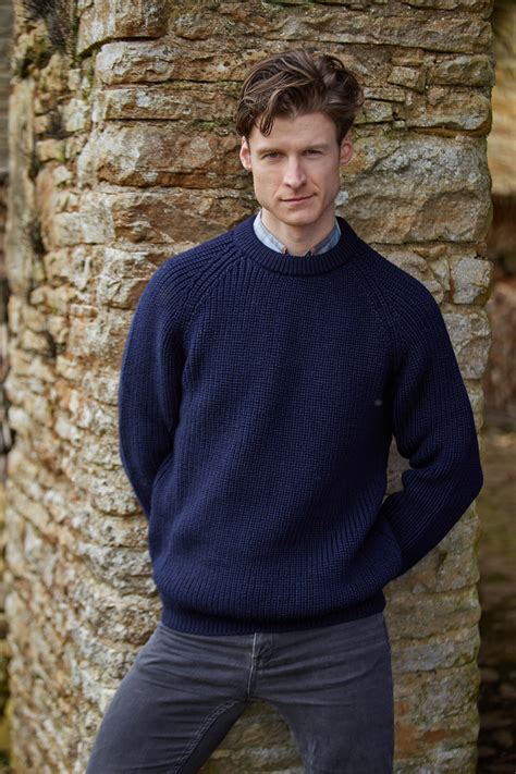 Mens Sweater Irish Wool Fishermans Rib Crew Neck Ribbed Style Pullover