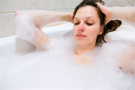 Young Beautiful Brunette Woman Takes Bubble Bath Stock Image Image Of Healthcare Hygienic