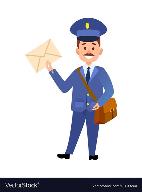 Postman Cartoon Character In Blue Uniform Delivering Letter Flat Vector Illustration Isolated On