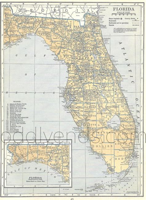 Vintage Florida Map 1939 Original Atlas Antique Map Miami Etsy