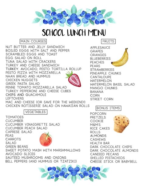 School Packed Lunch Menu Free Printable School Lunch Menu School