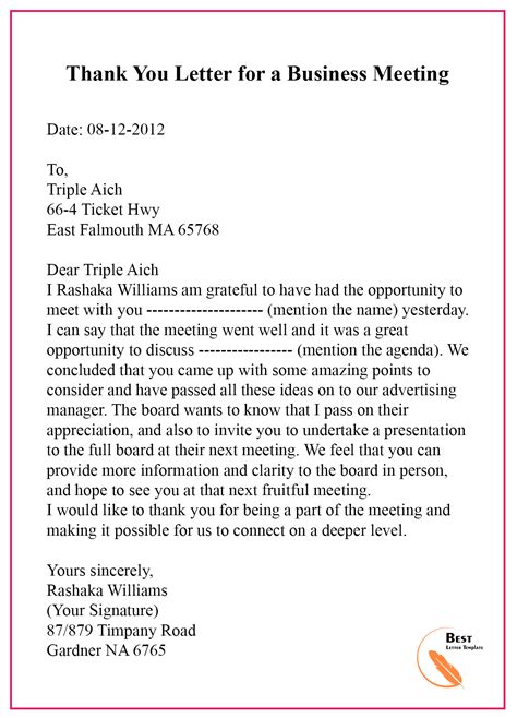 Thank You Letter For A Business Meeting Best Letter Template