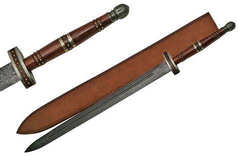 Short Sword 37 Roman Imperial Gladius Damascus Steel Blade Leather