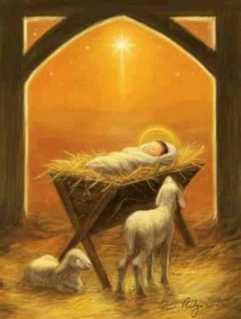 Watercolor Of Baby In Manger Christmas Art Vintage Christmas