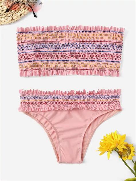 Women Pink Bandeau Pleated Smocked Bikini Set Bikinis Smocked Bikini