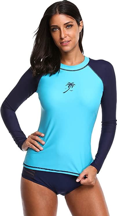 Charmo UV Swim Shirts For Women Basic UPF Long Sleeve Rash Guard Color Block Swimwear