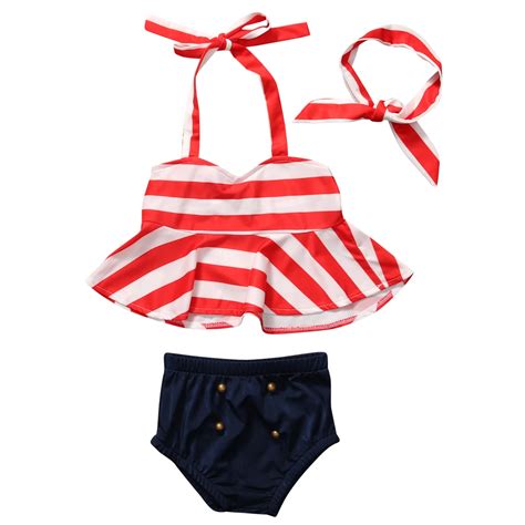 3pcs Set Summer Toddler Kids Baby Girls Striped Swimsuit Swimwear
