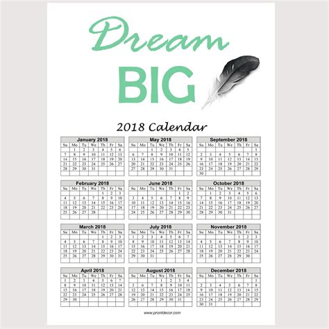 Printable Calendar 2018 Dream Big By Pront Decor Dream Big Calendar