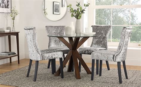 Hatton Round Dining Table And 2 Kensington Chairs Glass And Dark Solid Hardwood Silver Crushed