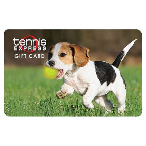 Plastic gift cards are sent to recipients via mail. Tennis Express Gift Card with Puppy | Tennis Express
