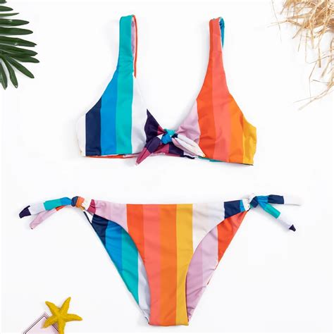 Chest Bandeau Bathing Suits Colorful Striped Bikini Set Bandage