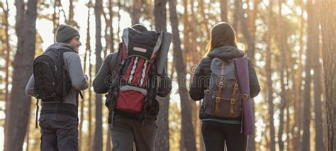 Group Of Friends With Backpacks On Hiking Trip In Forest Stock Image Image Of Adventure