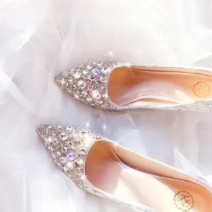 Charmant Zilveren Handgemaakt Bruidsschoenen Leer Kant Rhinestone