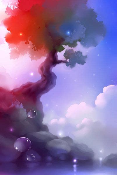 An Artistic Painting Of A Tree With Bubbles Floating In The Air And