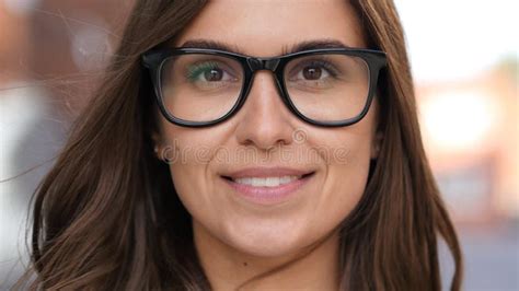 Close Up Of Smiling Girl Face In Glasses Outdoor Stock Photo Image