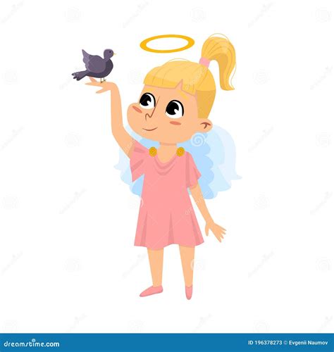 Cute Baby Angel With Little Bird Angelic Girl With Wings And Halo