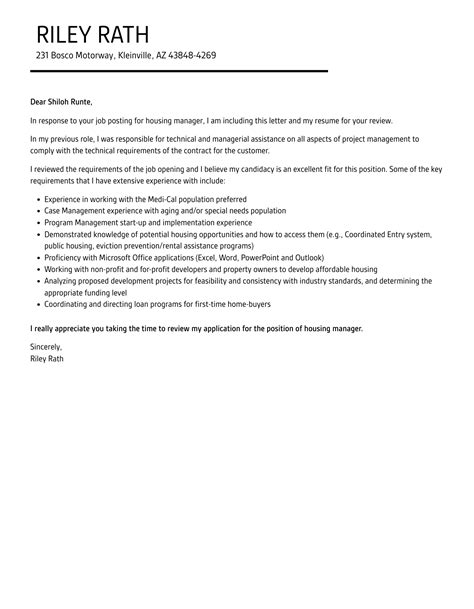 Housing Manager Cover Letter Velvet Jobs