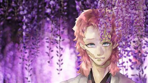 Demon Slayer Sabito With Brown Hair Near Purple Flowers Hd