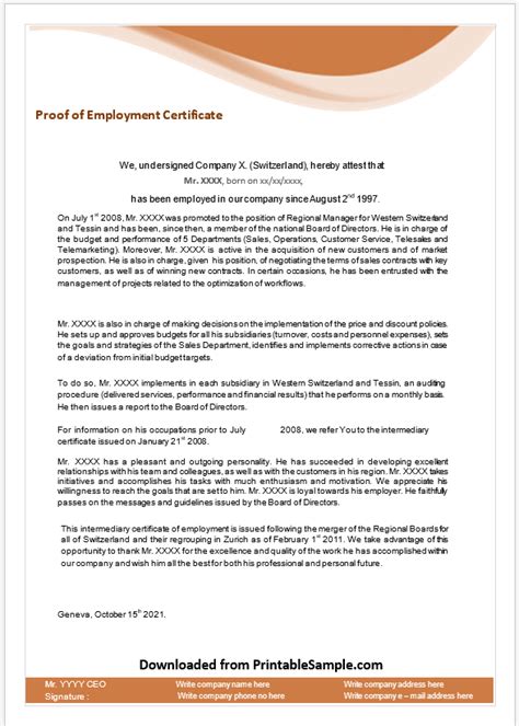 22 Free Sample Employment Certificate Templates Printable Samples