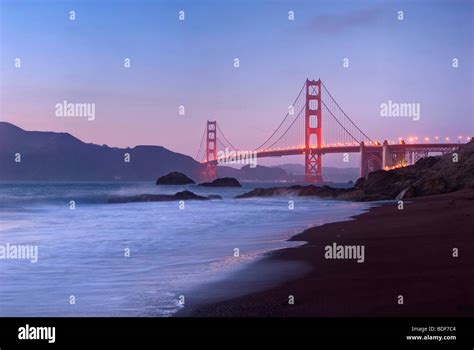 view of world famous golden gate bridge from baker beach in san francisco california after