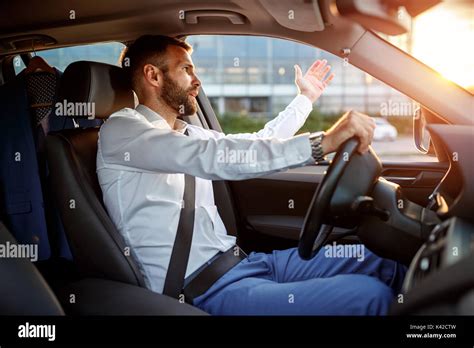 Traffic Jam Angry Stressed Businessman Driving Car Stock Photo Alamy