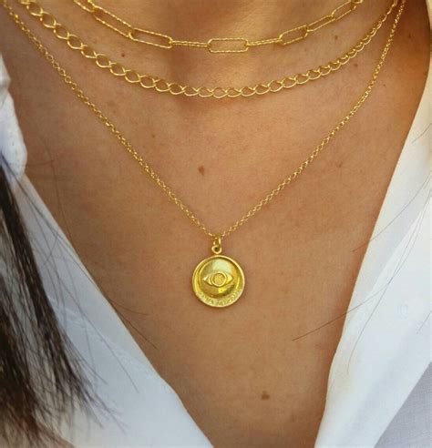 Gold Evil Eye Coin Necklace Paperclip Chain Gold Layered Etsy