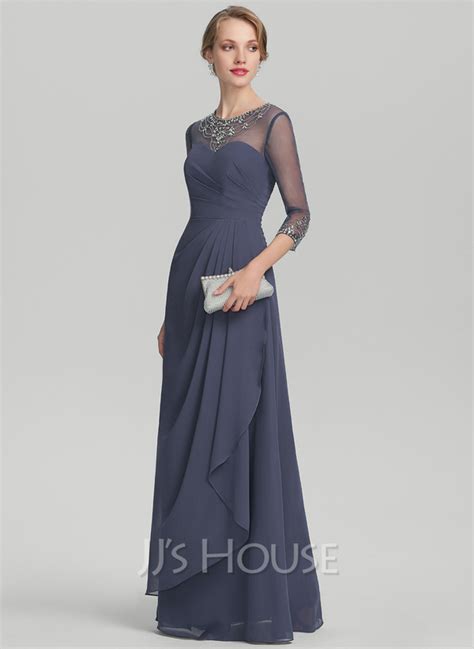 Sheath Column Scoop Neck Floor Length Chiffon Lace Mother Of The Bride Dress With Ruffle