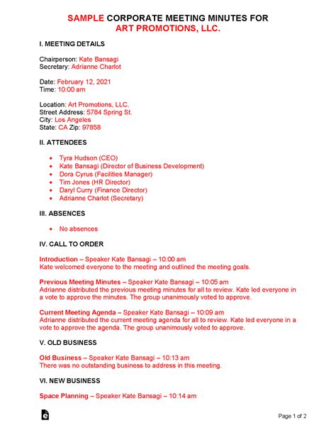 Sample Corporate Meeting Minutes Template