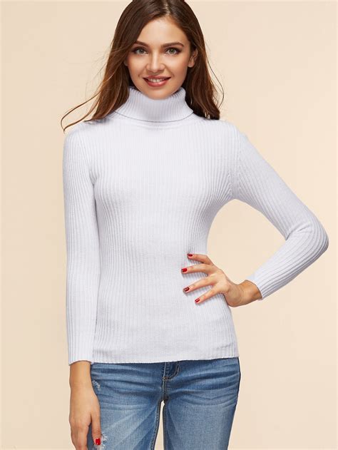 white ribbed knit turtleneck slim fit sweater shein sheinside