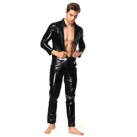 Pluse Size S Xl Pu Leather Men Sexy Faux Latex Bodysuit Male Erotic
