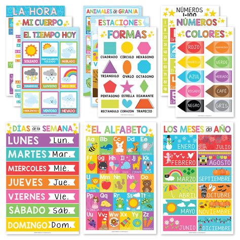Buy 12 Spanish Educational Posters Bilingual Learning Chart For Prek Kindergarten And 1st Grade