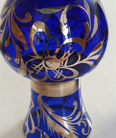 Vintage Italian Glass Cobalt Blue Silver Overlay Vases X3 Collectable Curios