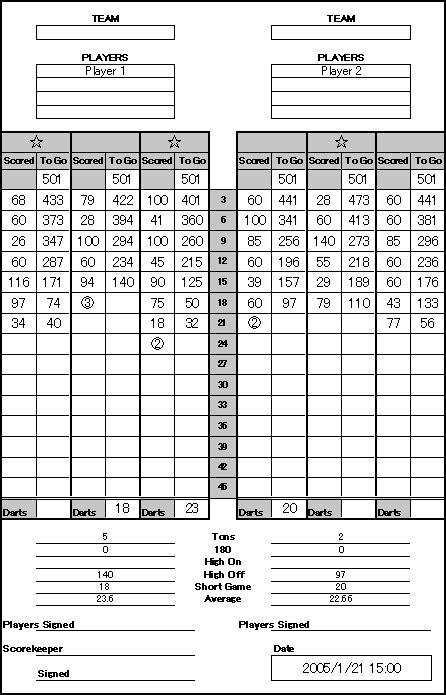 501 Dart Score Sheets Printable